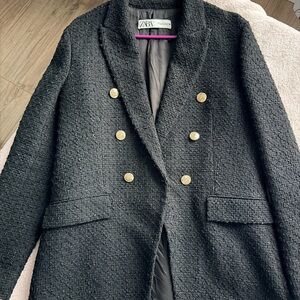 Zara Black Tweed Blazer Gold Buttons Size M